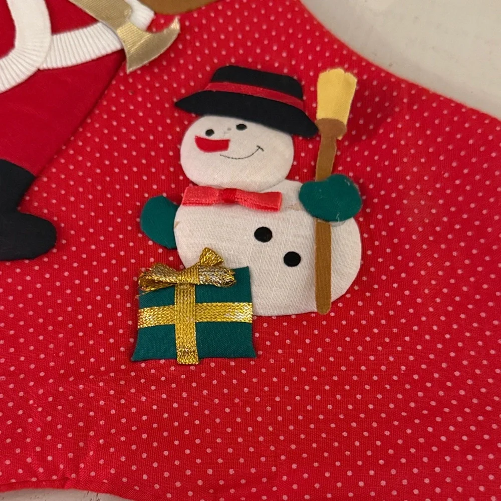 Vtg quilted festive red Christmas stocking with Santa and Snowman